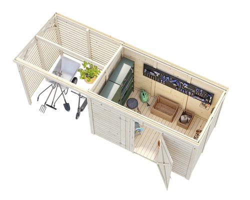 Vue de dessus d'une remise de jardin avec des outils de jardinage, des outils et des étagères