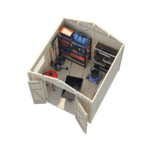 Vue intérieure d'une cabane de jardin avec des étagères et des outils de jardinage.