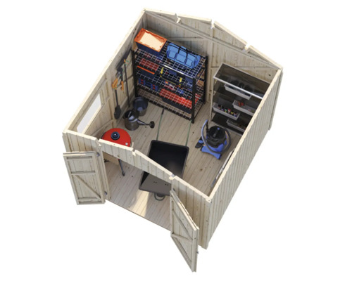 Vue intérieure d'une cabane de jardin avec des étagères et des outils de jardinage.