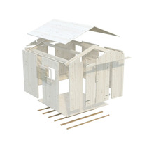 Vue éclatée d'un abri de jardin en bois avec toit, murs et sol