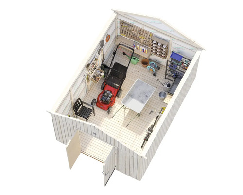 Gartenhaus mit Rasenmäher, Schubkarre, Werkzeugen und Gartenzubehör