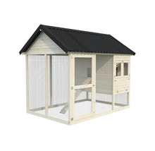 Hühnerstall aus Holz mit Metalldach und Drahtgeflecht