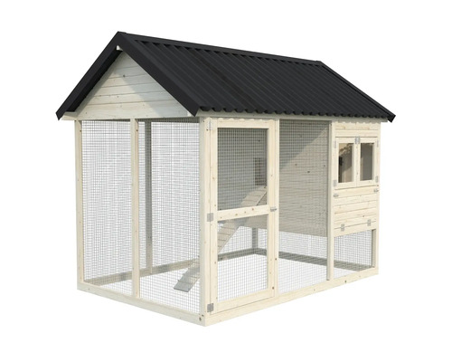 Hühnerstall aus Holz mit Metalldach und Drahtgeflecht