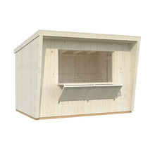 Holzverkaufsstand mit heruntergeklappter Theke