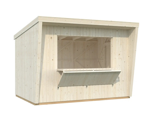 Holzverkaufsstand mit heruntergeklappter Theke