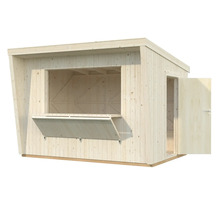 Holzgartenhaus mit Verkaufsklappe und offener Tür