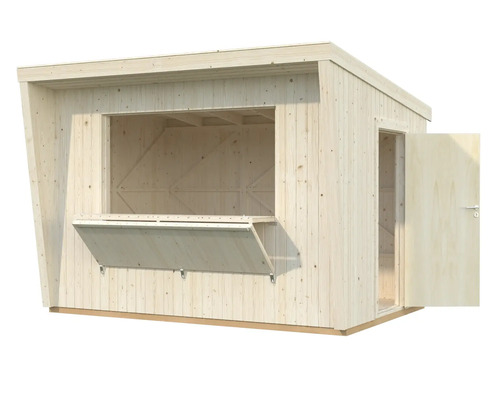 Holzgartenhaus mit Verkaufsklappe und offener Tür