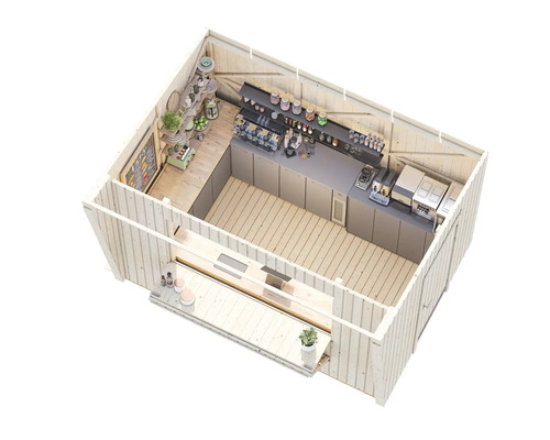 Innenansicht einer Holzgartenhütte mit Gastronomieausstattung