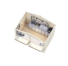 Vue en coupe d'une maison de jardin en bois avec installation de café