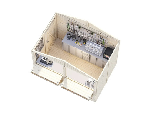 Vue en coupe d'une maison de jardin en bois avec installation de café