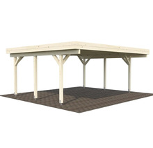 Carport en bois avec toit plat et six piliers de soutien