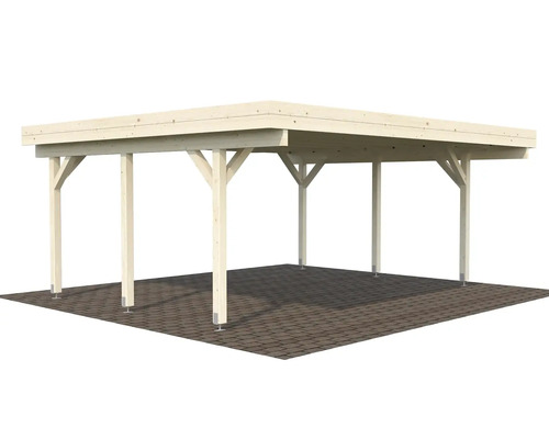 Carport en bois avec toit plat et six piliers de soutien