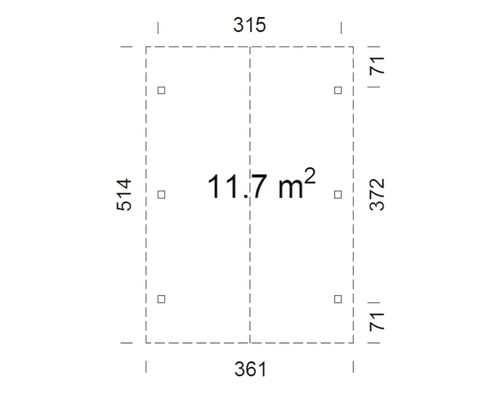 Plan avec dimensions et une surface de 11.7 mètres carrés