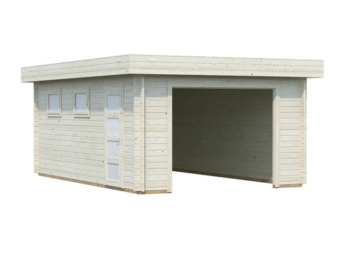Garage en bois avec toit plat, porte et fenêtres