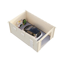 Garage en bois avec voiture, étagères et robot tondeuse