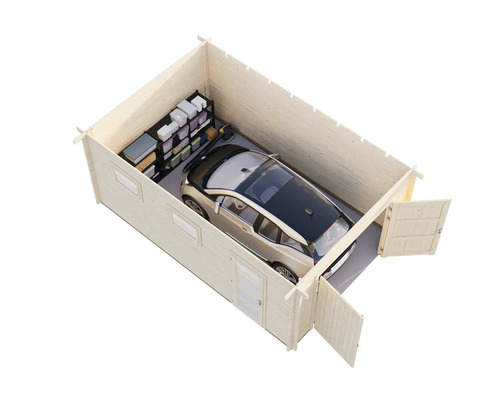 Holzgarage mit Auto und Regal