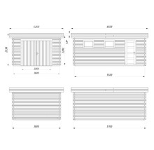 Technische Zeichnung einer Blockhütte mit Garagentor, Fenster und Tür mit Maßangaben
