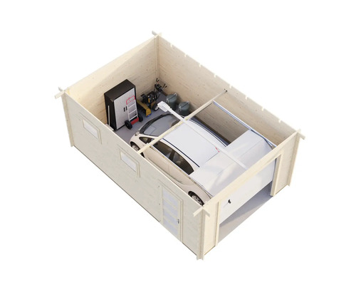 Garage aus Holz mit Auto, Werkzeugschrank und Gartengeräten