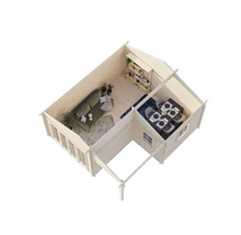 Innenansicht eines Gartenhauses mit Wohnbereich und Essbereich