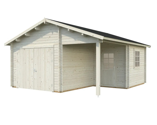 Maison de jardin en bois avec garage et entrée couverte