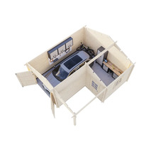 Garage en bois avec voiture, vélo et établi à l'intérieur