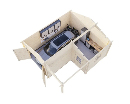 Garage en bois avec voiture, vélo et établi à l'intérieur