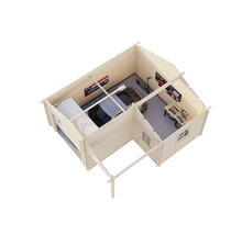 Vue de dessus d'un garage en bois avec voiture, établi et outils