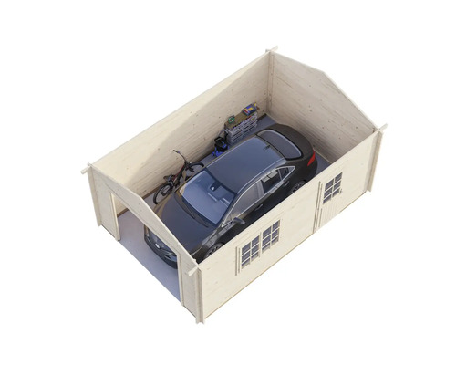 Garage en bois avec voiture, vélo et étagère