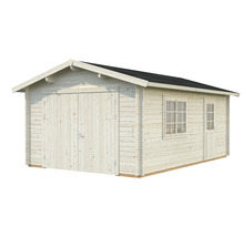Garage en bois avec porte à deux battants, fenêtre et porte latérale