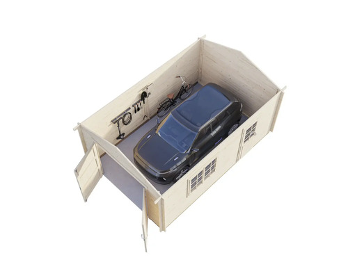 Garage en bois avec voiture, vélo et supports muraux pour outils de jardin