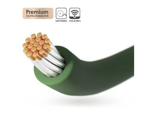 Gros plan d'un câble électrique vert avec des conducteurs en cuivre et en étain