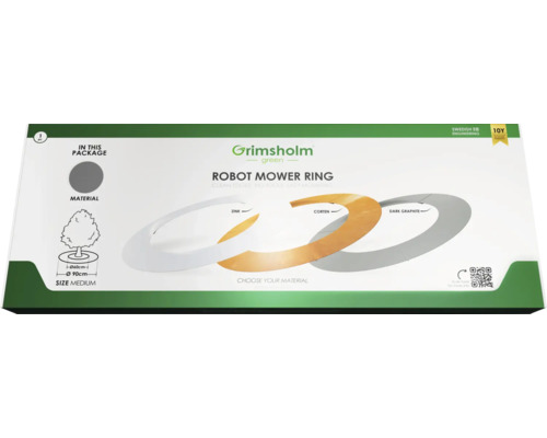 Grimsholm Green Robot Mower Ring Verpackung mit Materialinformationen und Größenangaben