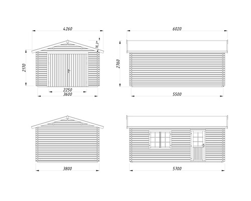 Technische Zeichnung eines Gartenhauses mit Maßangaben.