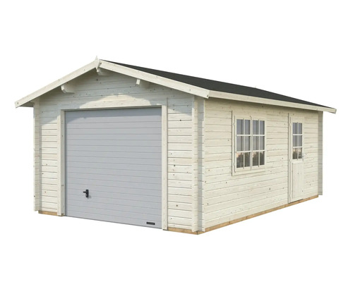 Garage en bois avec porte roulante, fenêtre et porte
