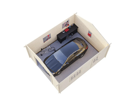 Vue du toit d'un garage avec voiture, vélo et établi