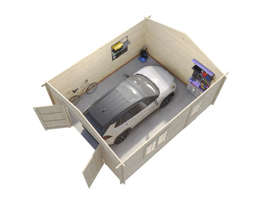 Holzgarage mit Auto, Werkzeug und Fahrrad