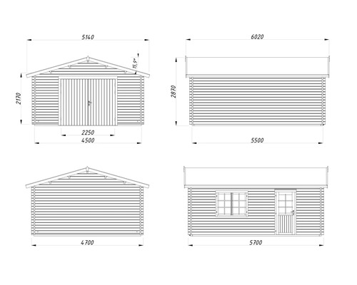 Technische Zeichnung einer Holzgarage mit Maßen