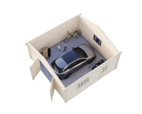 Vue d'un abri de jardin avec voiture, vélo et outils