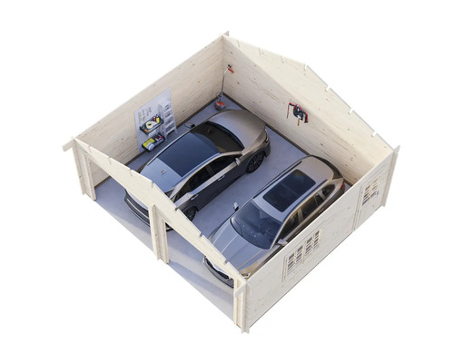 Garage double en bois avec deux voitures et des étagères