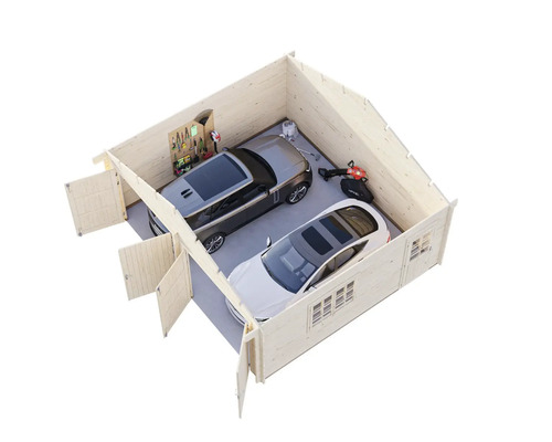 Draufsicht einer Doppelgarage aus Holz mit zwei Autos und Gartengeräten