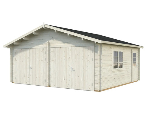 Garage double en bois avec deux fenêtres et une porte