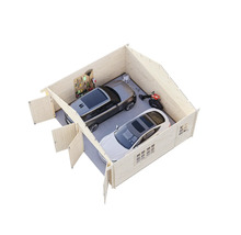 Vue de dessus d'un garage en bois avec deux voitures, des outils de jardinage et un mur d'outils