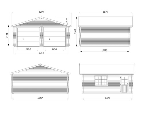 Technische Zeichnung einer Doppelgarage mit Maßen