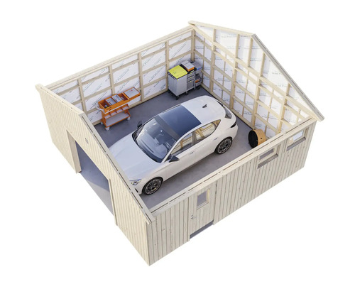 Garage avec voiture, servantes d'atelier et étagères