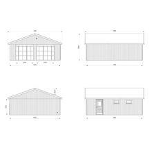 Technische Zeichnung einer Doppelgarage mit seitlicher Tür und Fenstern