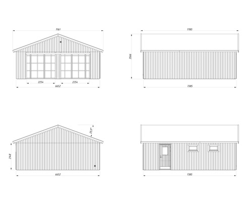 Technische Zeichnung einer Doppelgarage mit seitlicher Tür und Fenstern
