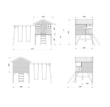 Dessin technique d'une cabane de jeux avec balançoire et toboggan avec dimensions