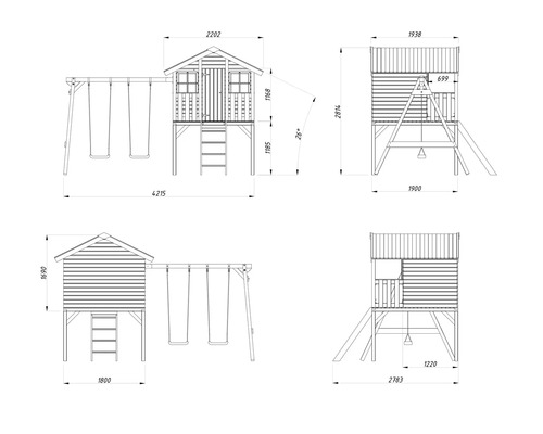 Dessin technique d'une cabane de jeux avec balançoire et toboggan avec dimensions