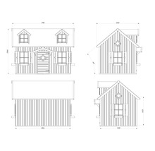 Dessin technique d'une cabane de jardin avec dimensions