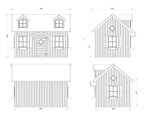 Dessin technique d'une cabane de jardin avec dimensions